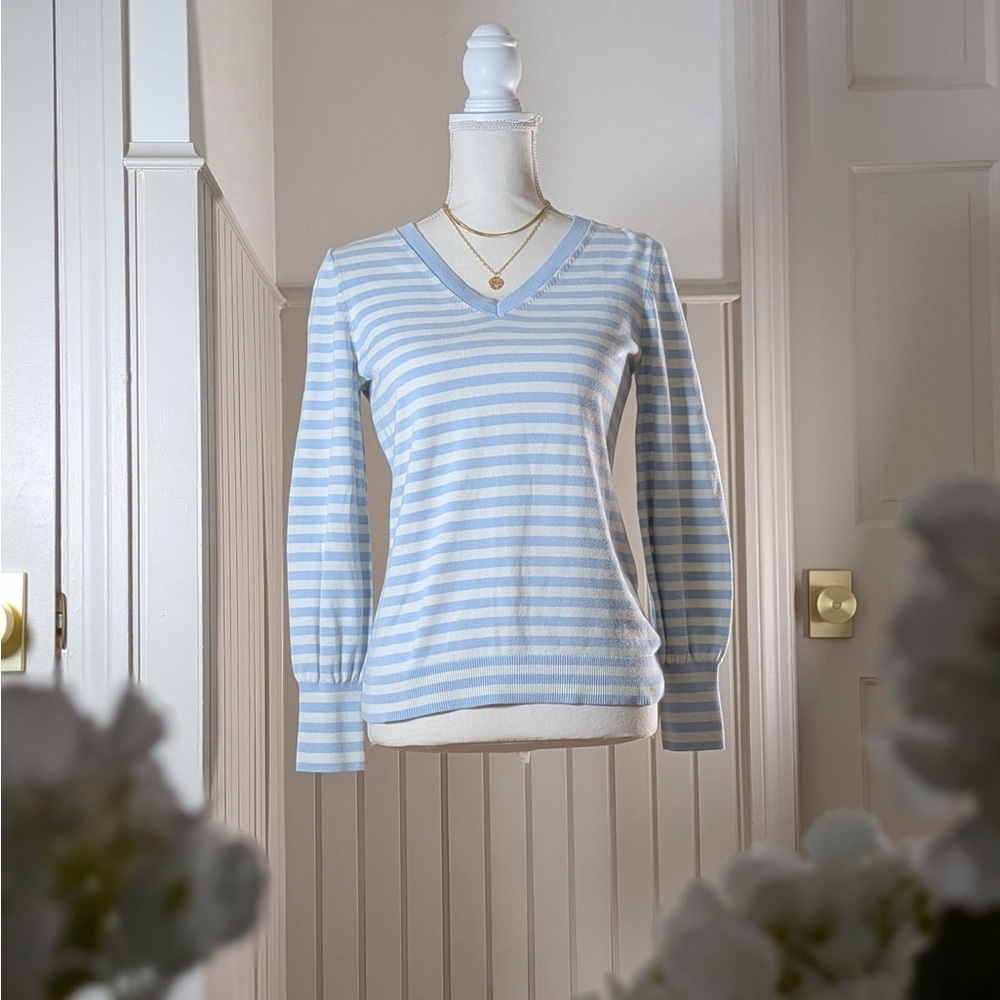 Talbots Blue White Striped Cotton V-Neck Sweater XS